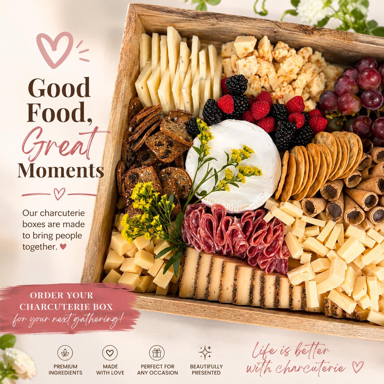 A handcrafted Cheeseboard Chic signature board